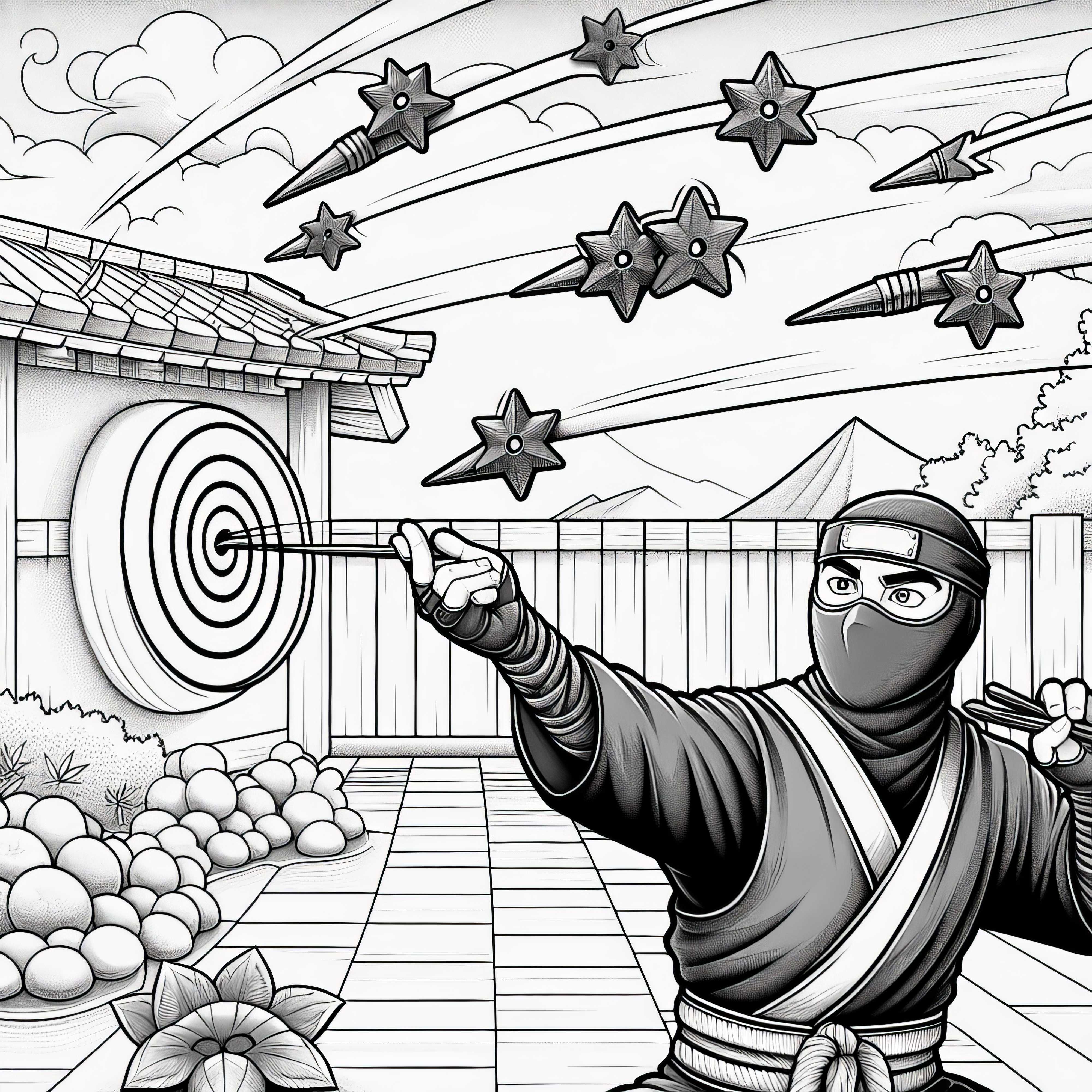Ninja lança Shuriken: Modelo para colorir de estrelas cortantes em execução rica em detalhes – grátis Ninja lança Shuriken: Modelo para colorir de estrelas de arremesso em execução detalhada – grátis