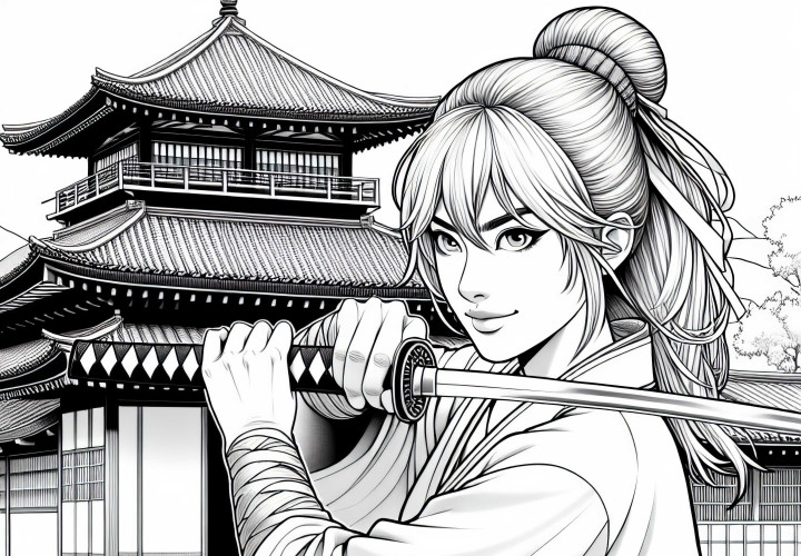 Ninja pratica com espada Katana – Desenho para colorir Ninja praticando com espada katana – Imagem para colorir