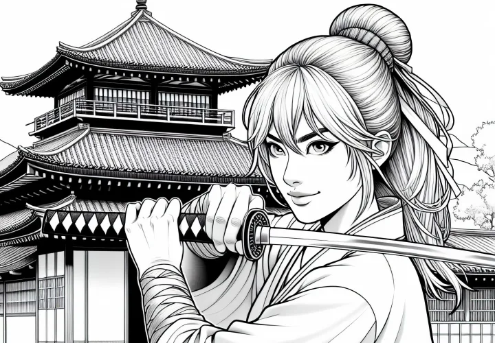 Ninja übt mit Katana-Schwert – Ausmalbild