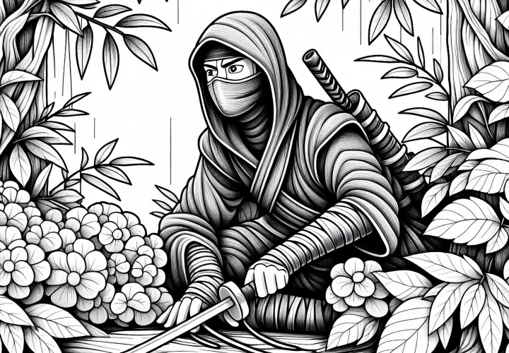 Ninja versteckt sich – detailreiche Malvorlage kostenlos