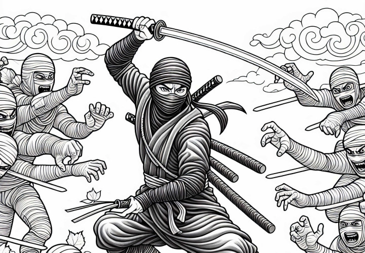 Ninja luta com bastão contra vários oponentes - Desenho para colorir grátis Ninja luta com bastão contra vários inimigos – Desenho para colorir gratuito