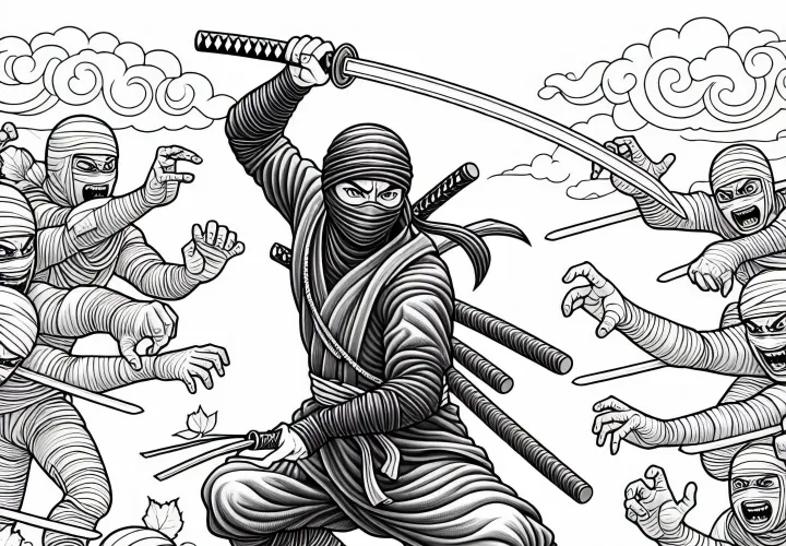 Ninja kämpft mit Stab gegen mehrere Gegner – Malvorlage gratis