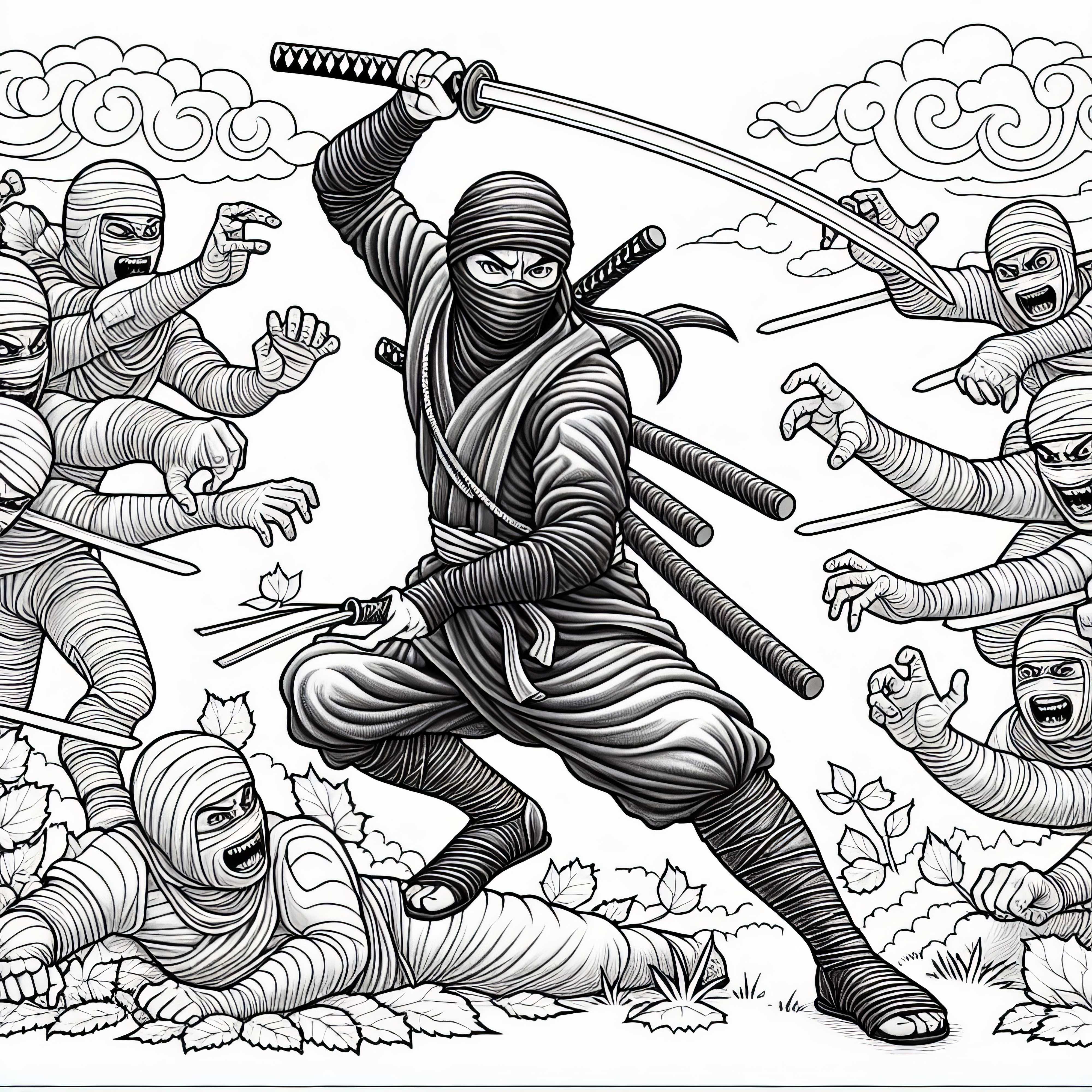 Ninja luta com bastão contra vários oponentes – Desenho para colorir grátis Ninja luta com bastão contra vários oponentes – Modelo de pintura grátis