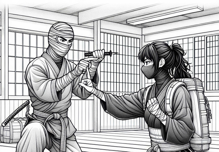 Ninjas treinam em um dojo - Baixe gratuitamente o desenho para colorir Treinar ninjas em um dojo - Baixe gratuitamente a imagem para colorir