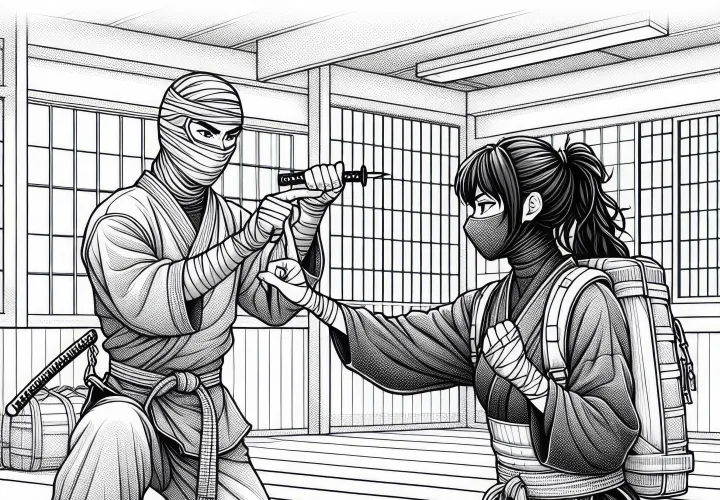 Ninja trainieren in einem Dojo – Ausmalbild kostenlos herunterladen