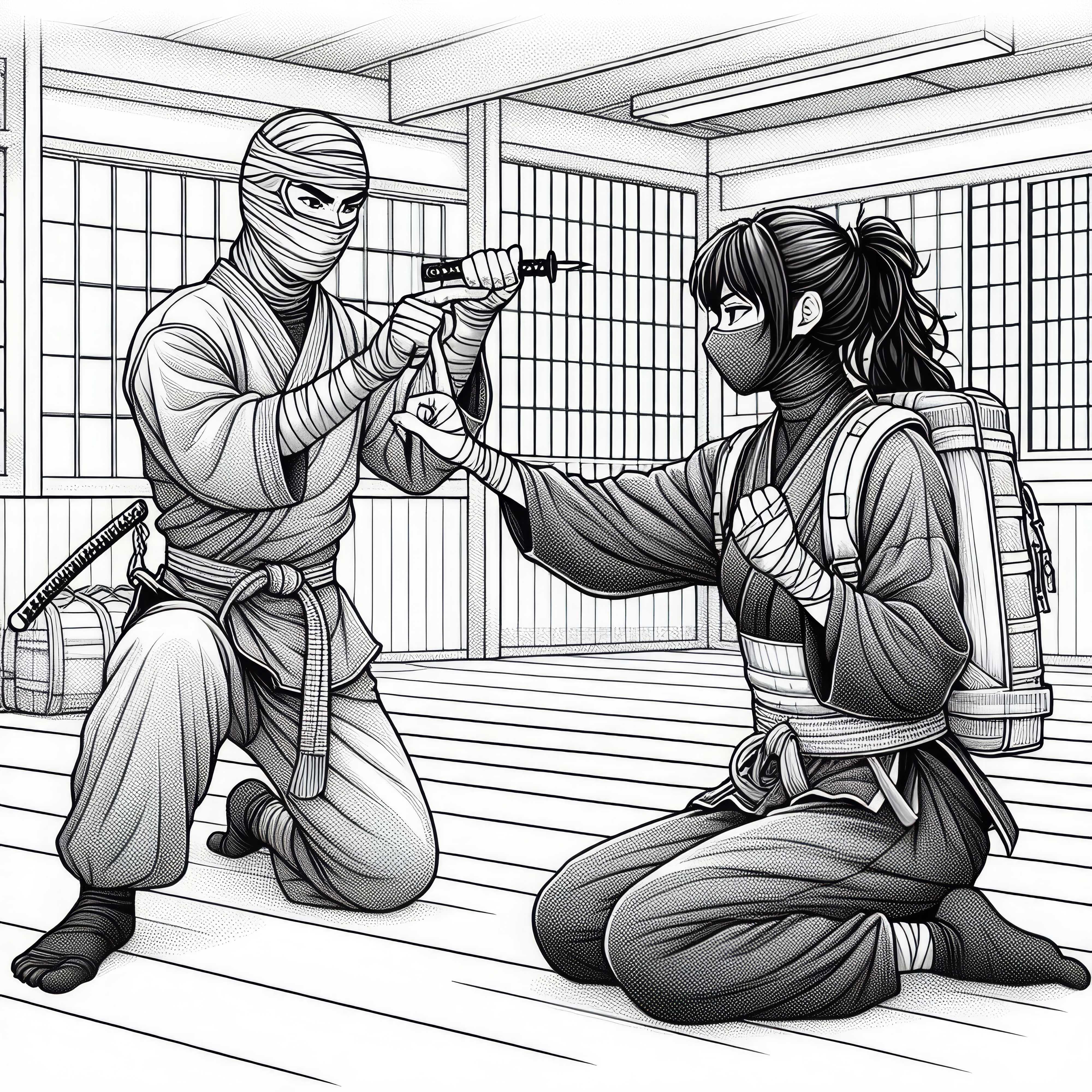 Ninjas treinam em um dojo - Baixe gratuitamente o desenho para colorir Ninjas treinam em um dojo - Baixe gratuitamente a imagem para colorir