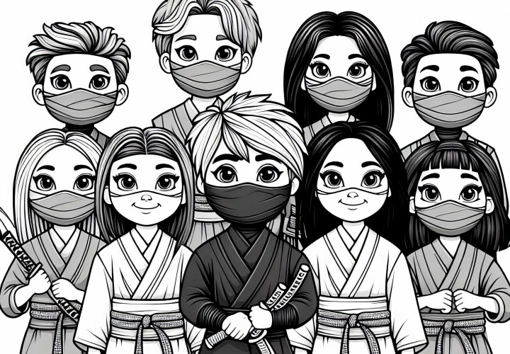 Crianças se vestem de ninja - Desenho para colorir detalhado grátis Crianças se fantasiam de Ninja - Desenho para colorir detalhado grátis