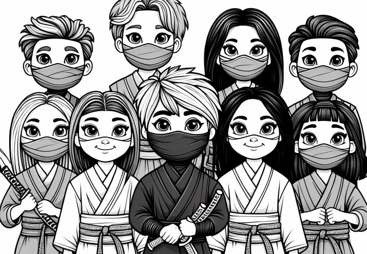 Kinder verkleiden sich als Ninja - Detailreiches Ausmalbild gratis