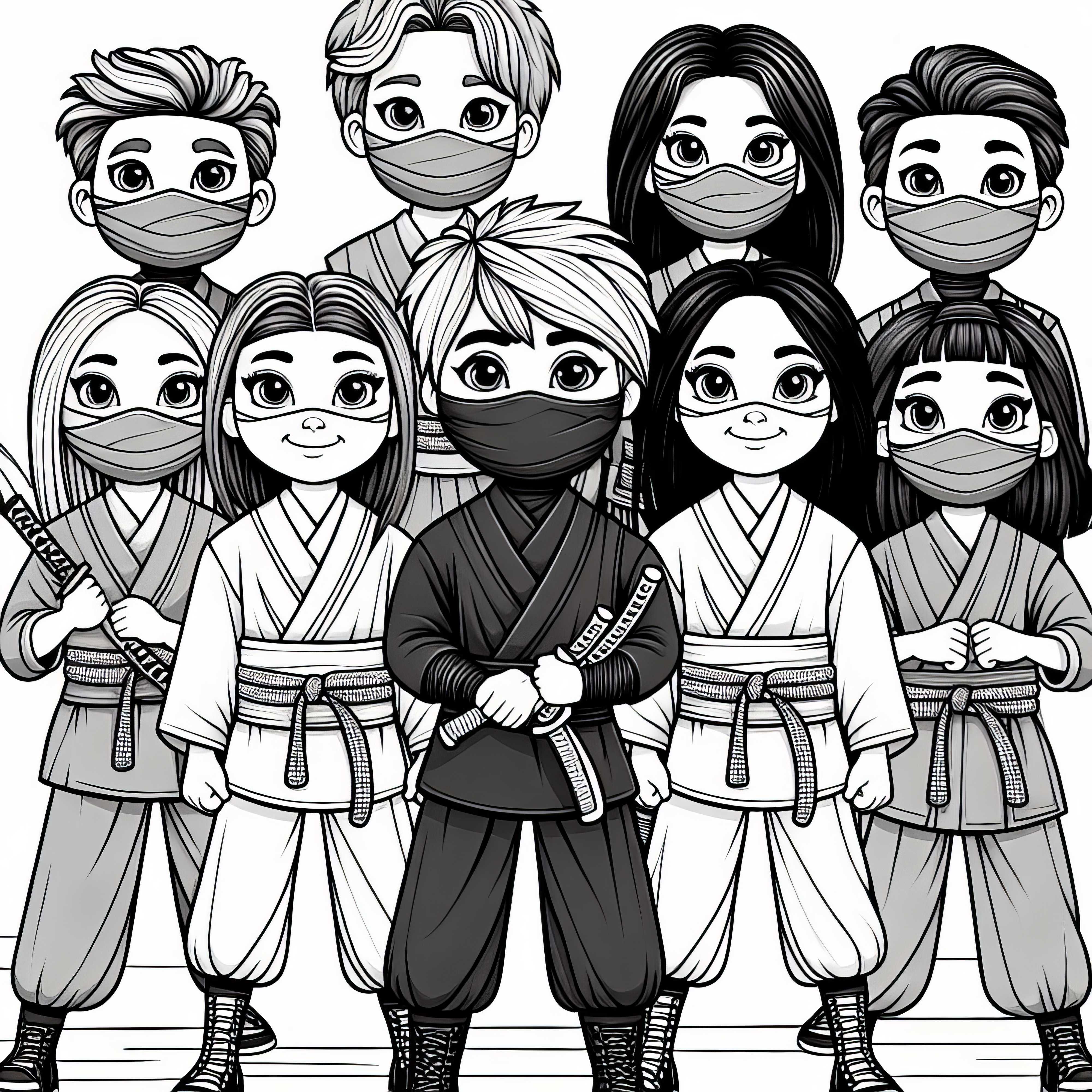 Crianças se fantasiando de ninja - Desenho para colorir detalhado grátis Crianças se fantasiam de ninja - Desenho para colorir detalhado grátis