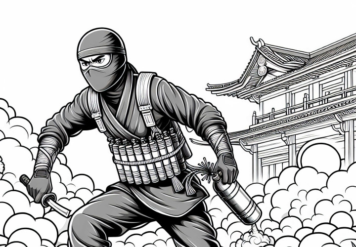 Ninja usa bombas de fumaça para escapar - Desenho para colorir detalhado grátis Ninja usa bombas de fumaça para escapar - Modelo de color detalhado gratuito