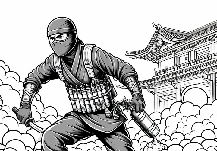 Ninja nutzt Rauchbomben, um zu entkommen - Malvorlage detailreich kostenlos