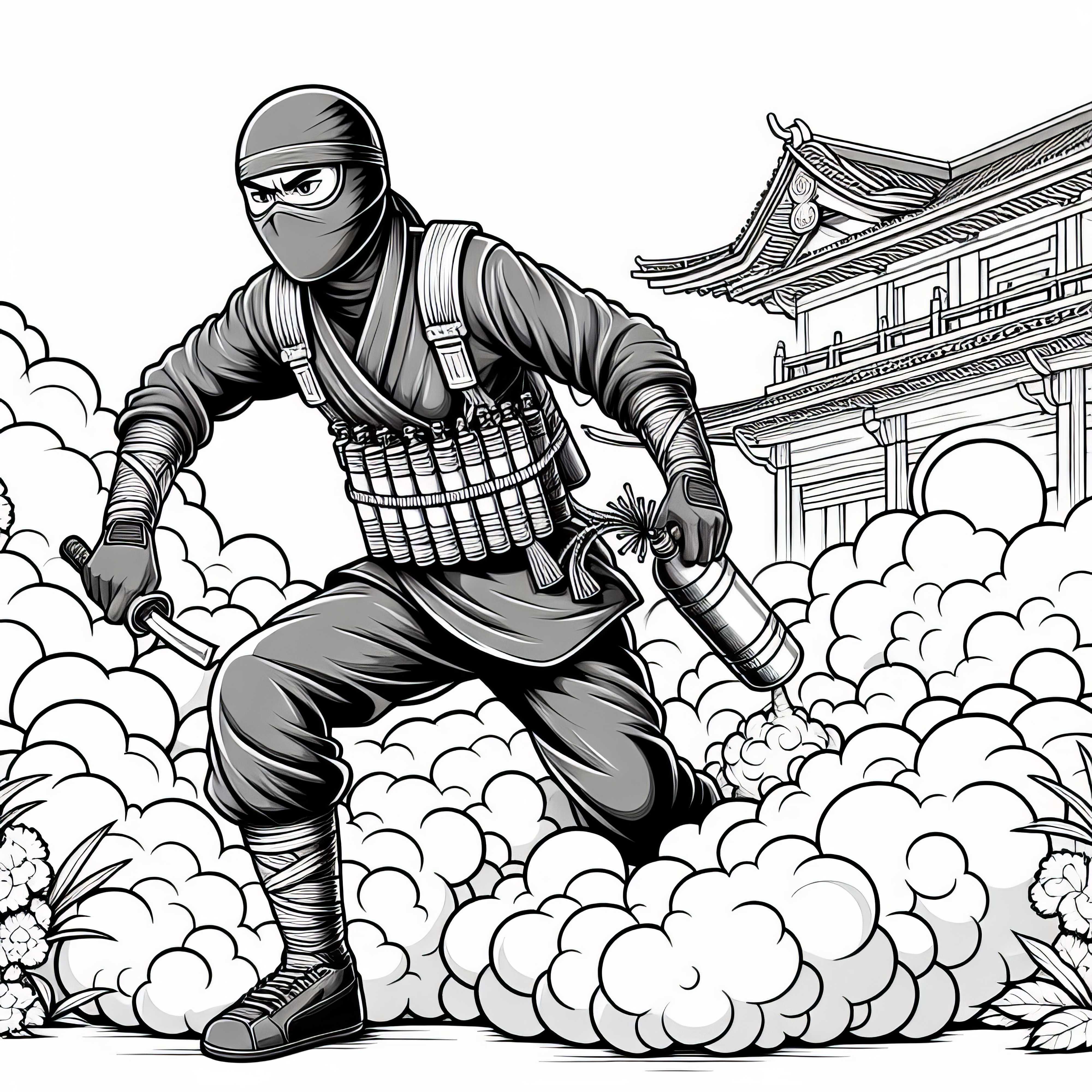 Ninja usa bombas de fumaça para escapar - modelo para colorir detalhado grátis Ninja usa bombas de fumaça para escapar - Modelo de coloração detalhado gratuito