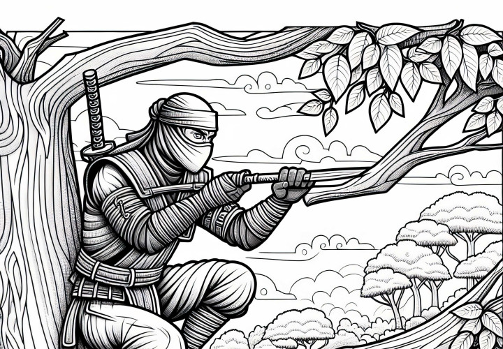 Ninja observa o adversário da árvore - imagem para colorir detalhada e gratuita Ninja observa o inimigo de uma árvore - desenho para colorir detalhado grátis