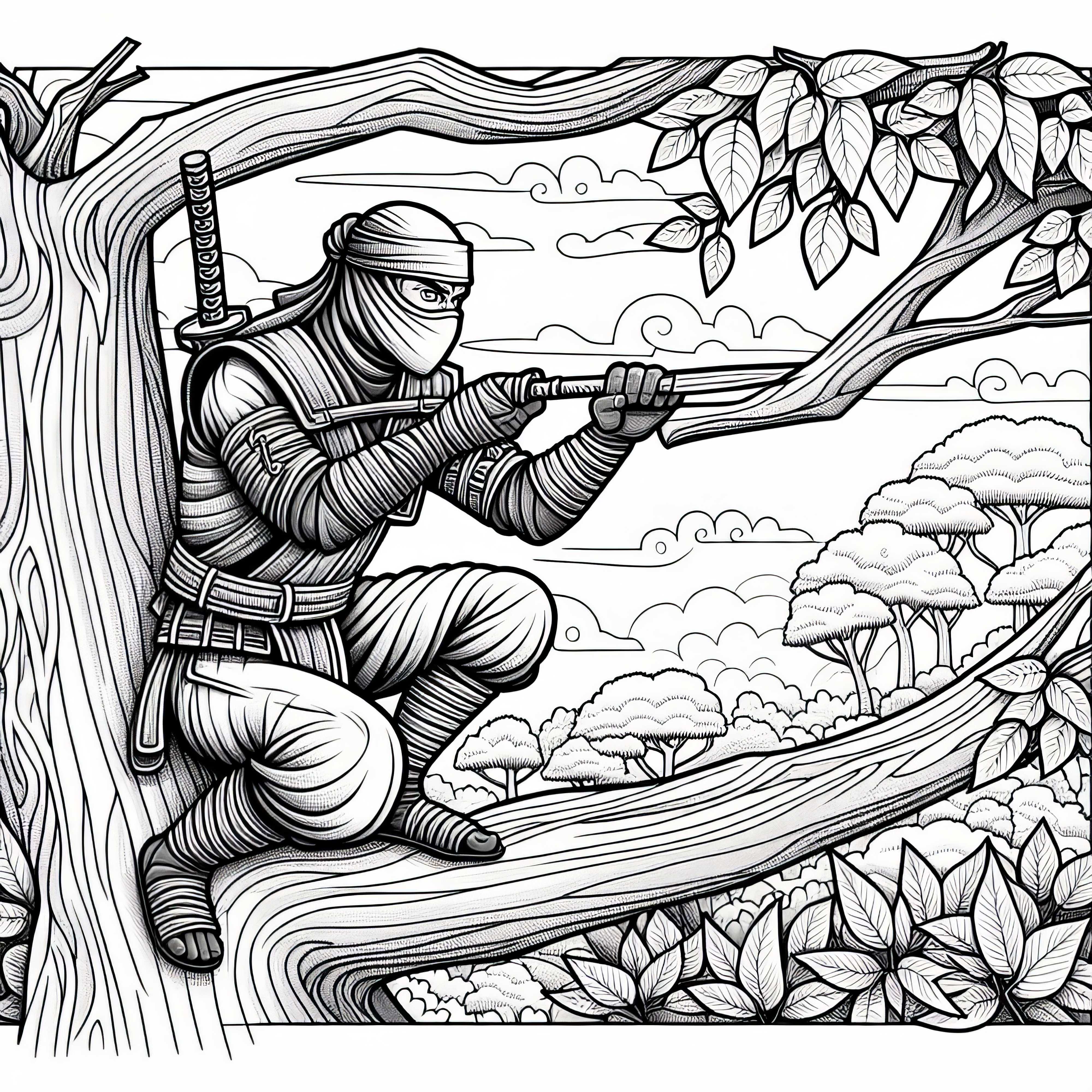 Ninja observa o oponente de uma árvore – página de colorir detalhada gratuita Ninja observa o oponente de uma árvore - imagem para colorir detalhada gratuitamente