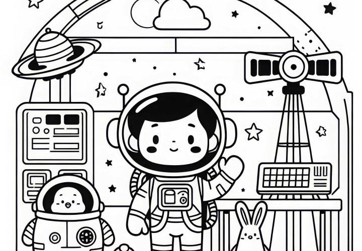 Astronaut na malování ve vesmírné stanici – Jednoduché zdarma Astronaut na malování do prostoru – Snadné zdarma