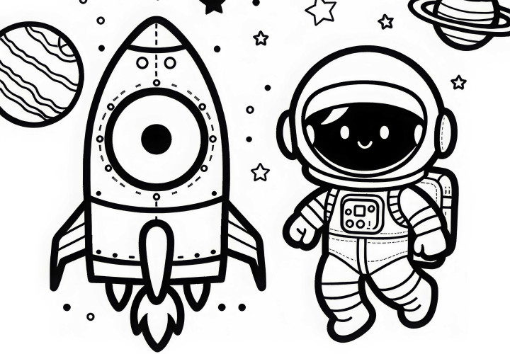 Astronaut s raketou – omalovánka jednoduchá zdarma Astronaut s raketou – jednoduchý obrázek na vybarvení zdarma