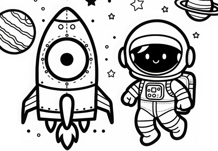 ロケットを持つ宇宙飛行士 – 簡単な塗り絵 無料