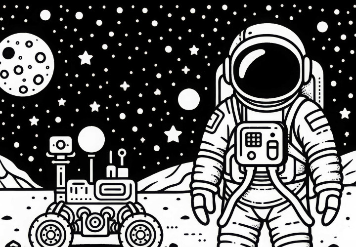 Astronaut na Měsíci vedle Roveru – jednoduchá omalovánka zdarma Astronaut na Měsíci vedle roveru – jednoduchá omalovánka zdarma