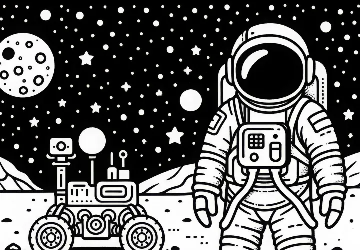 月の隣にローバーの宇宙飛行士 - 簡単な塗り絵無料
