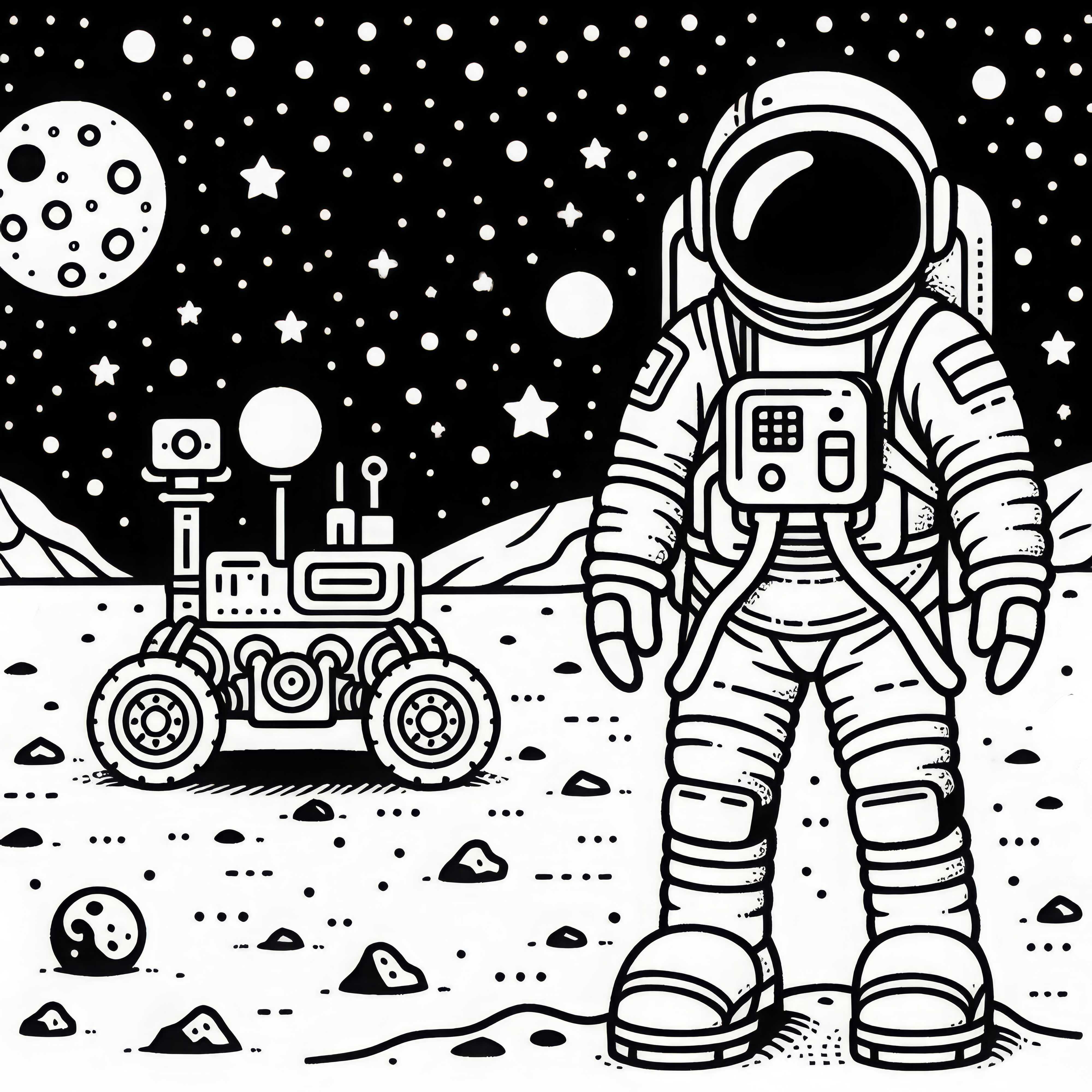Astronaut na Měsíci vedle roveru – jednoduchá omalovánka zdarma Astronaut na Měsíci vedle Roveru – jednoduchá omalovánka zdarma