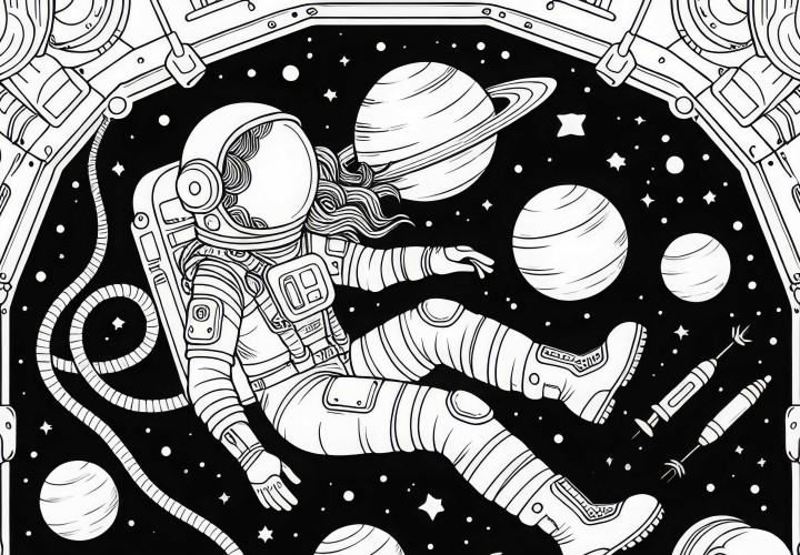 Astronautka v beztíži plující – omalovánka jednoduchá zdarma Astronautka v beztížném stavu plovoucí – omalovánka jednoduchá zdarma