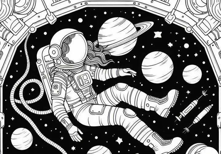 無重力の宇宙飛行士が浮かんでいる - 簡単な塗り絵 無料