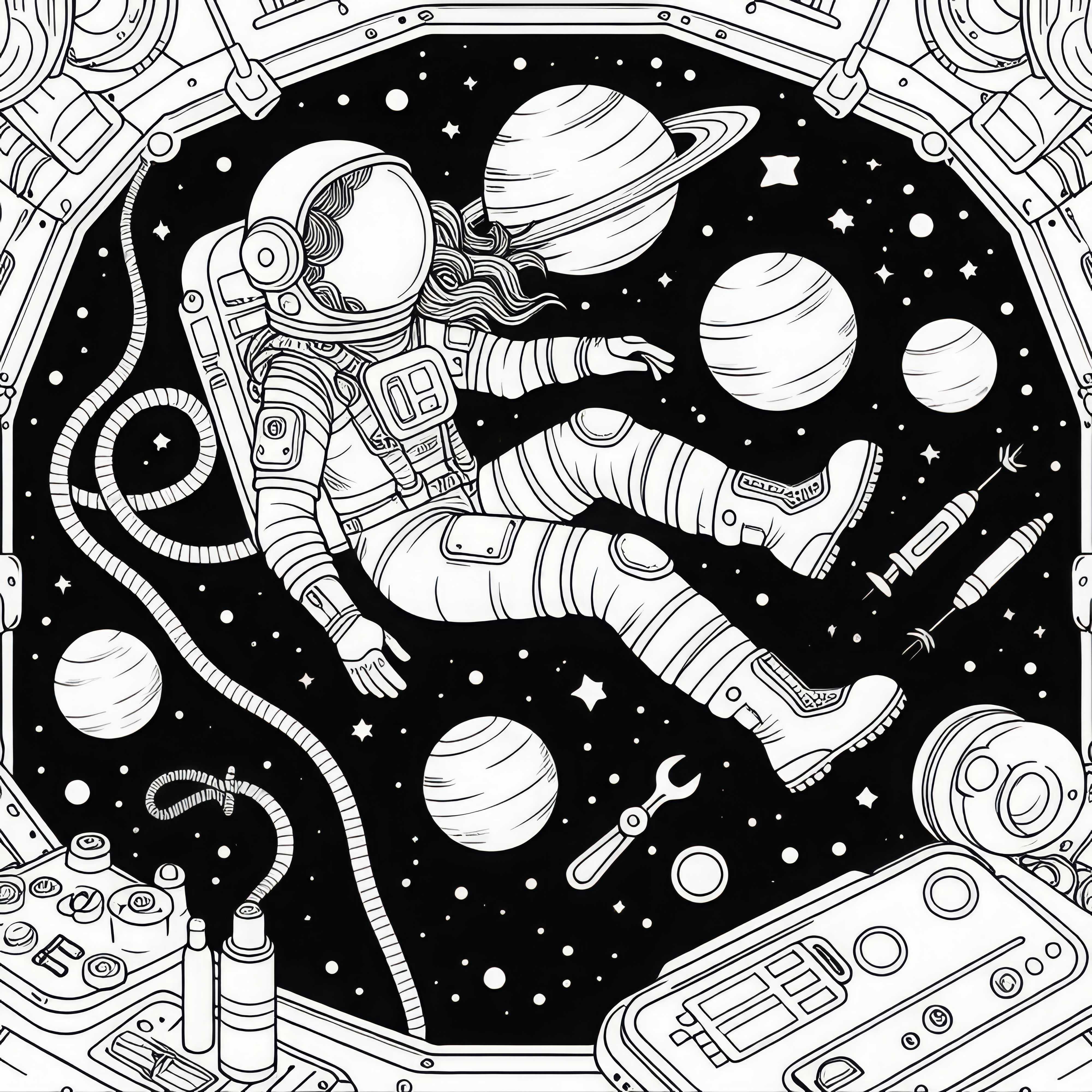 Astronautka ve stavu beztíže, plovoucí – jednoduše omalovánka zdarma Astronautka ve beztížném stavu – jednoduchý omalovánka zdarma