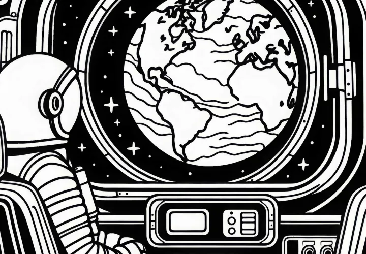 宇宙船の窓から見た地球の景色 - 簡単なぬりえ 無料