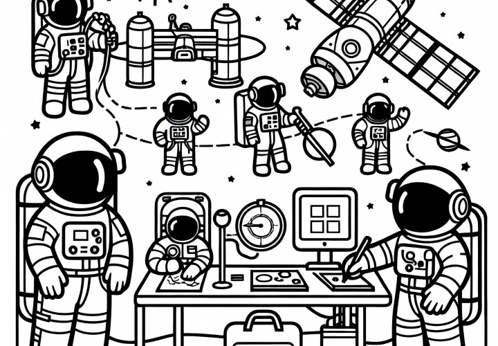 Astronauti při práci – jednoduchá a zdarma omalovánka Astronauti při práci – Jednoduchá a zdarma omalovánka
