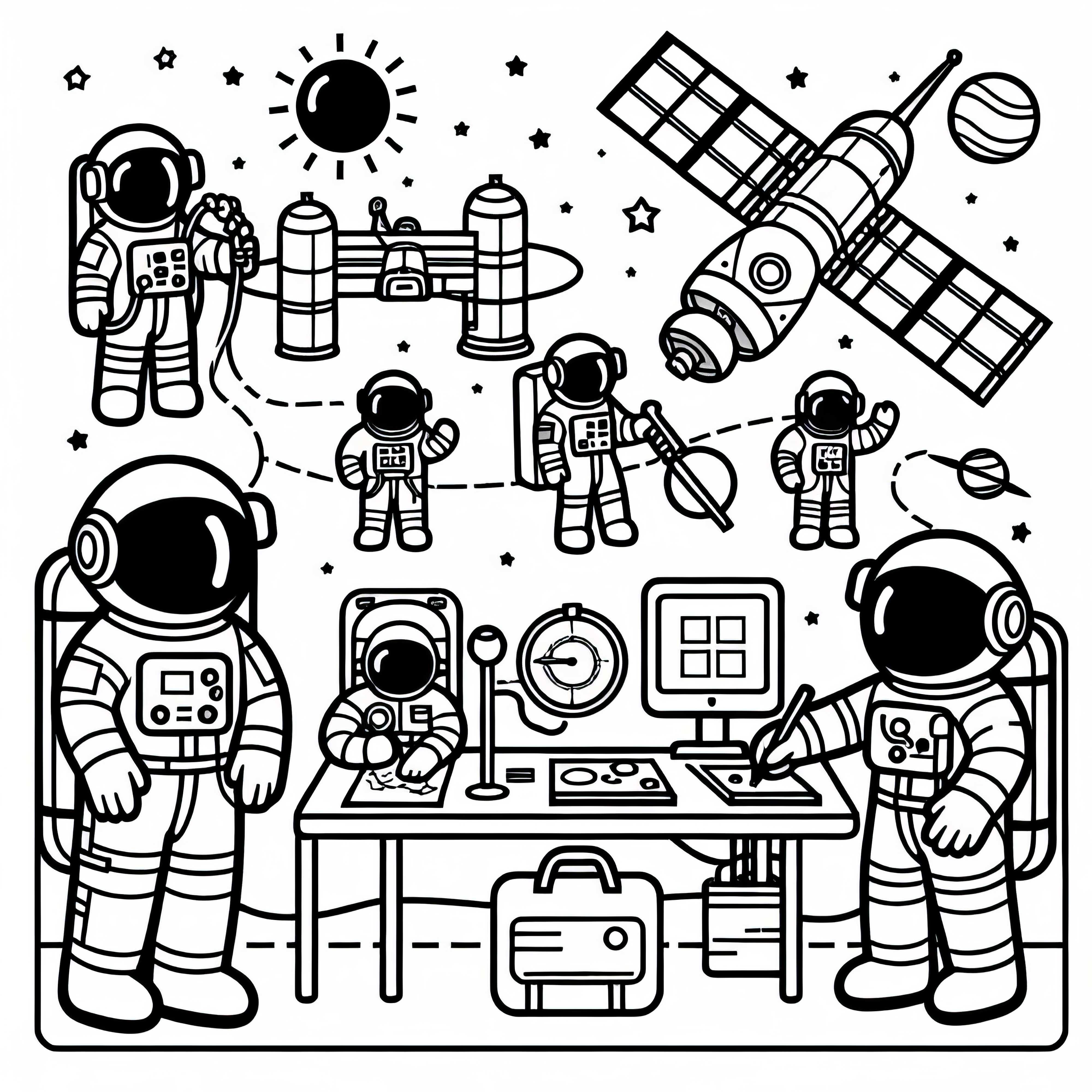 Astronauti při práci – omalovánka jednoduchá a zdarma Astronauti při práci – jednoduchá a bezplatná omalovánka