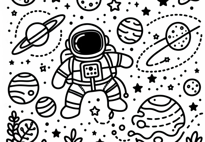 Hvězdy a planety s astronautem omalovánka jednoduše zdarma Hvězdy a planety s astronauty omalovánka jednoduchá zdarma