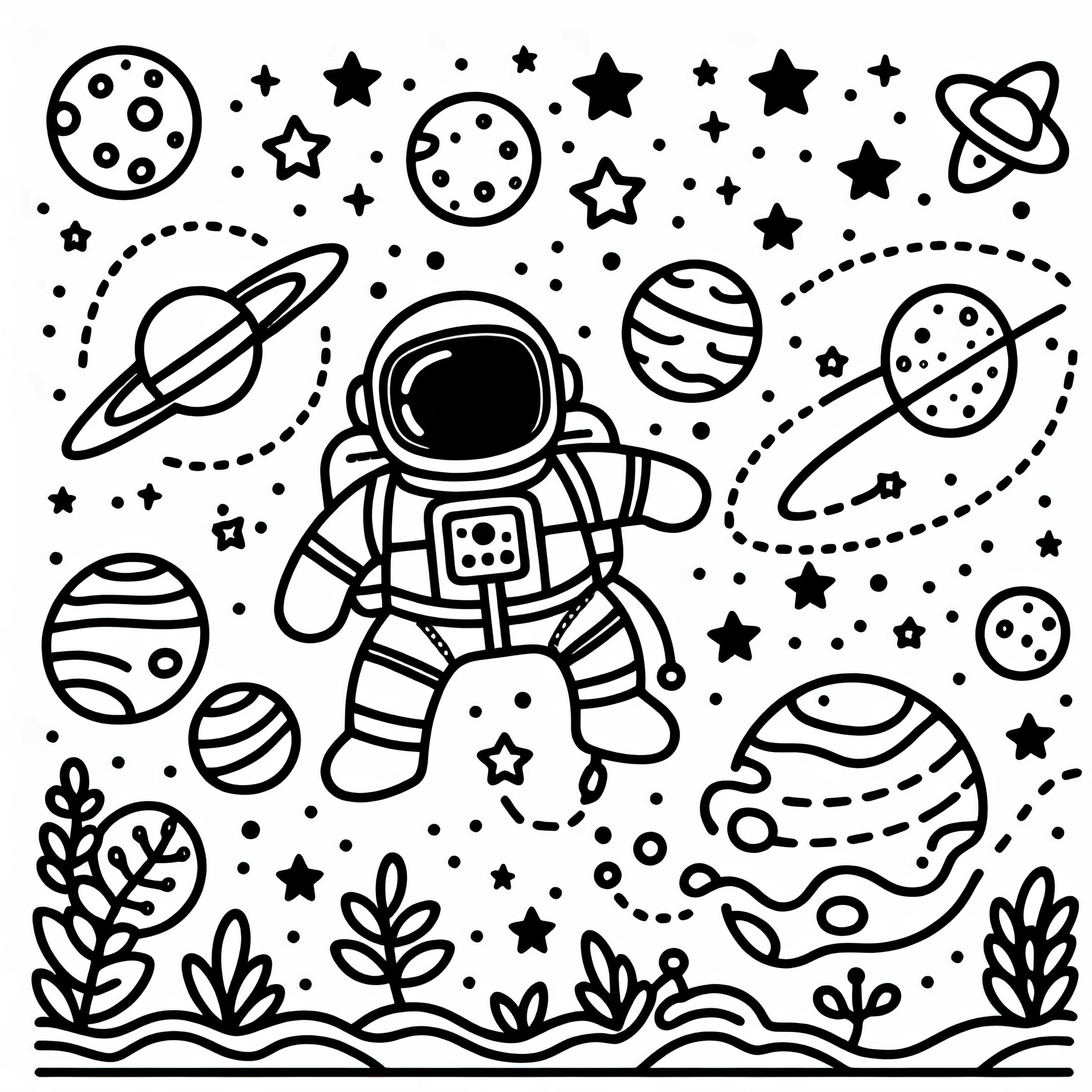Hvězdy a planety s astronauty omalovánka jednoduchá zdarma Hvězdy a planety s astronauty omalovánka jednoduše zdarma