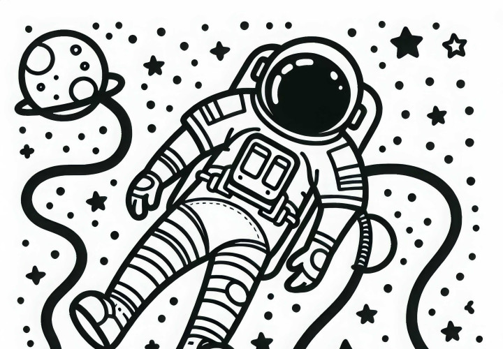 Nadpis: Procházka vesmírem astronauta – jednoduchá malovánka zdarma Nadpis: Vesmírná procházka astronauta – Šablona na malování zdarma