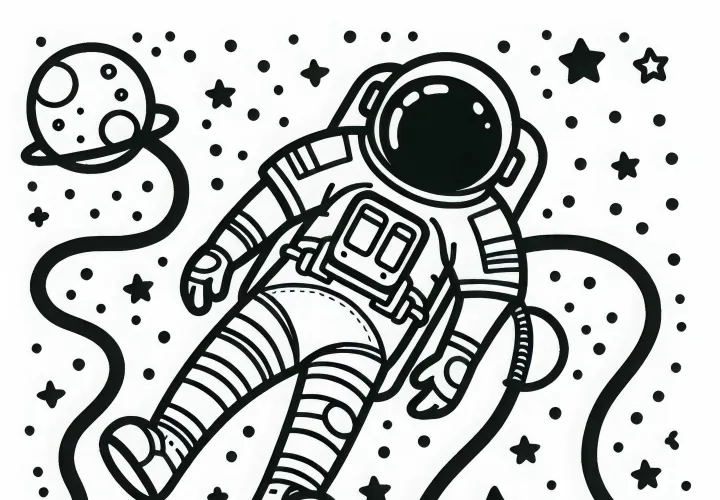 見出し：宇宙飛行士の宇宙遊泳 - 簡単な無料塗り絵