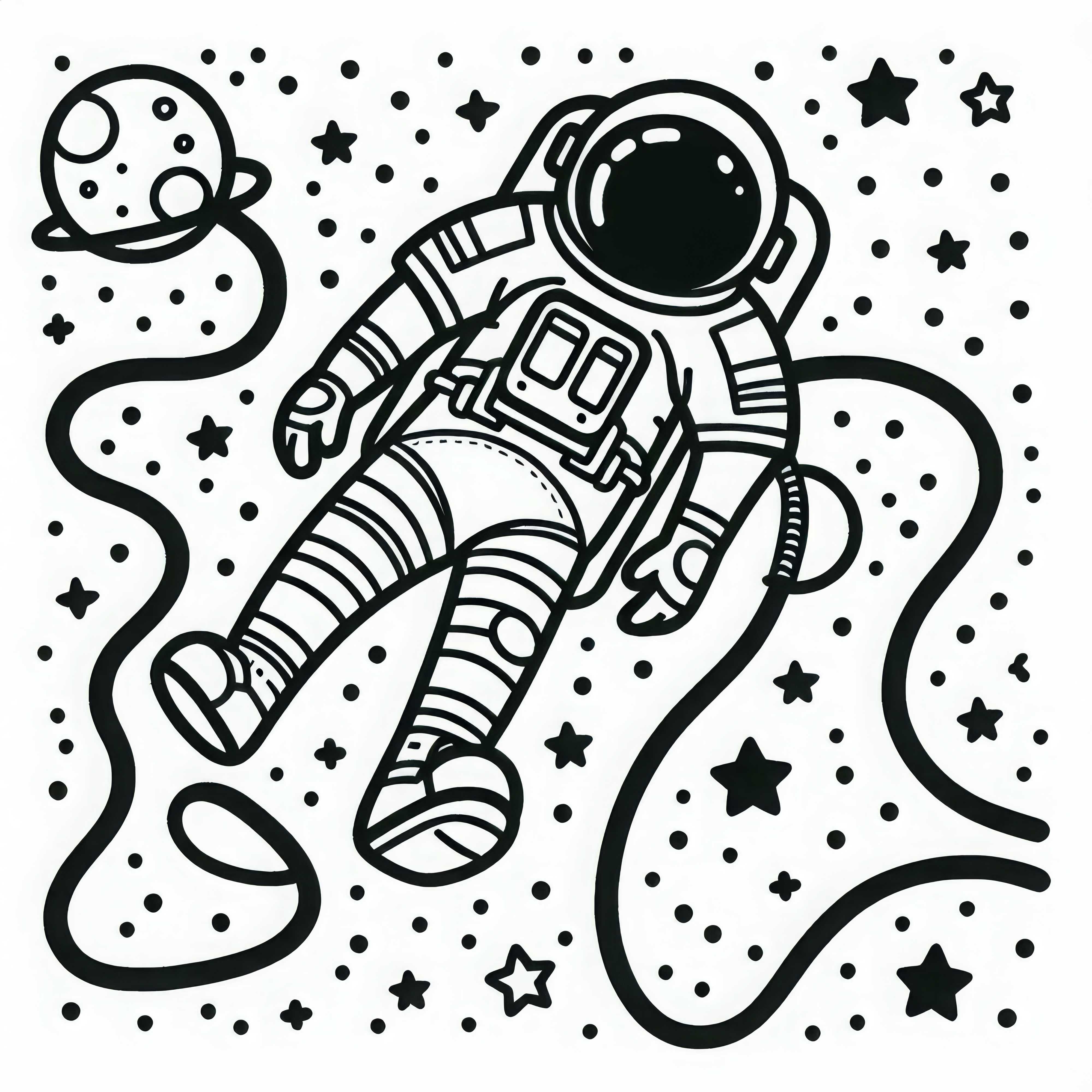 Nadpis: Výstup do vesmíru astronauta – jednoduchá omalovánka zdarma Název: Vesmírná procházka astronauta – jednoduchá omalovánka zdarma