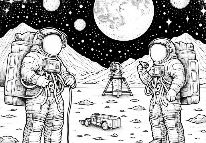 Astronauten auf dem Mond – Ausmalbild für Kinder, detailreich und gratis herunterladen Astronauten auf dem Mond – Ausmalbild für Kinder, detailreich und gratis herunterladen