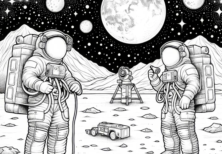 月面の宇宙飛行士 - 子供のための塗り絵、詳細で無料ダウンロード