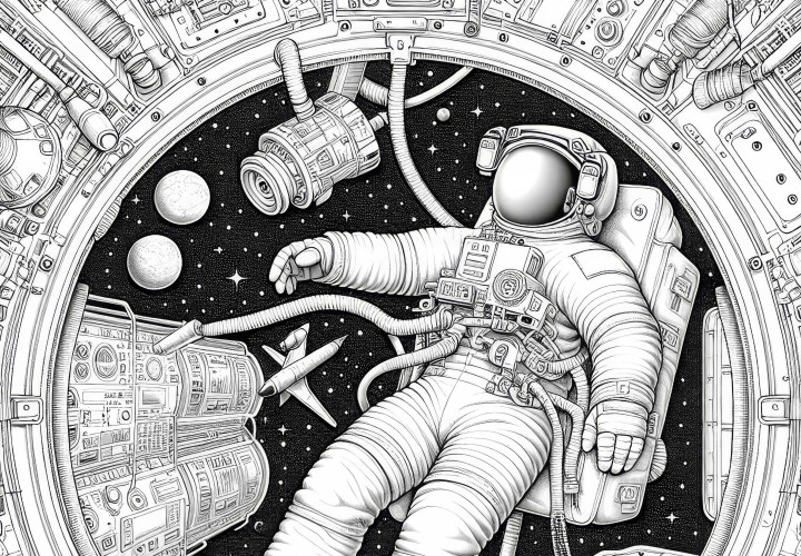 Astronaut in Schwerelosigkeit schwebend – Ausmalbild detailreich gratis Astronaut in Schwerelosigkeit schwebend – Ausmalbild detailreich gratis
