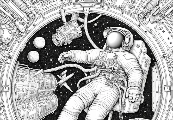 無重力で浮かんでいる宇宙飛行士 – 詳細な塗り絵 無料