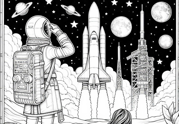 Astronaut beobachtet Raketenstart – Malvorlage, detailliert und gratis Astronaut beobachtet Raketenstart – Malvorlage, detailliert und gratis