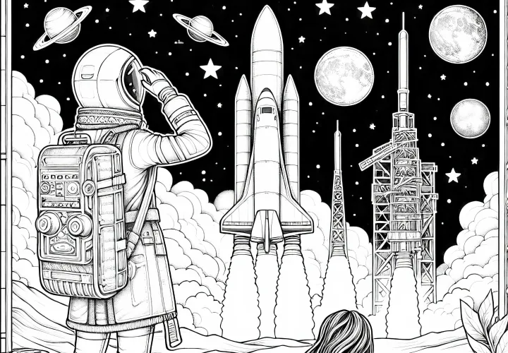 宇宙飛行士がロケット発射を観察 – 塗り絵、詳細で無料
