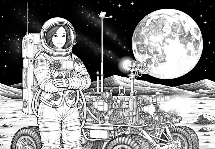 Astronautin auf dem Mond neben Rover – Ausmalbild detailreich gratis Astronautin auf dem Mond neben Rover – Ausmalbild detailreich gratis