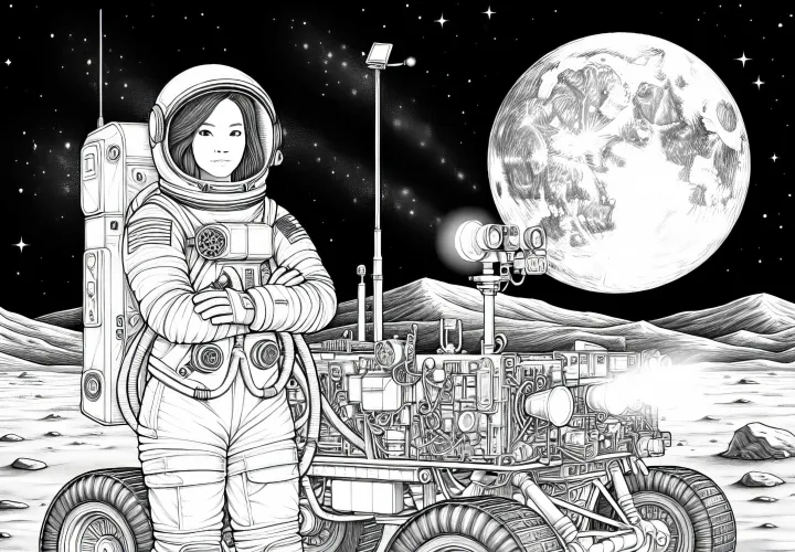 月面の宇宙飛行士とローバー - 詳細な無料塗り絵