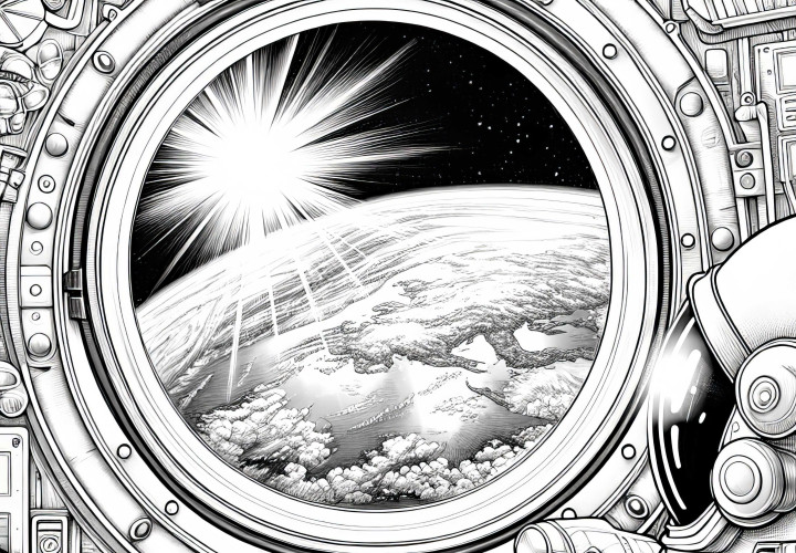 Blick auf die Erde durch das Fenster eines Raumschiffs – Ausmalbild kostenlos Blick auf die Erde durch das Fenster eines Raumschiffs – Ausmalbild kostenlos