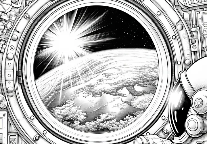 宇宙船の窓から見た地球 – 無料の塗り絵