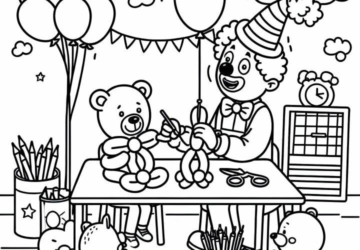 Clown formt Ballontiere – Ausmalbild einfach und gratis Clown formt Ballontiere – Ausmalbild einfach und gratis