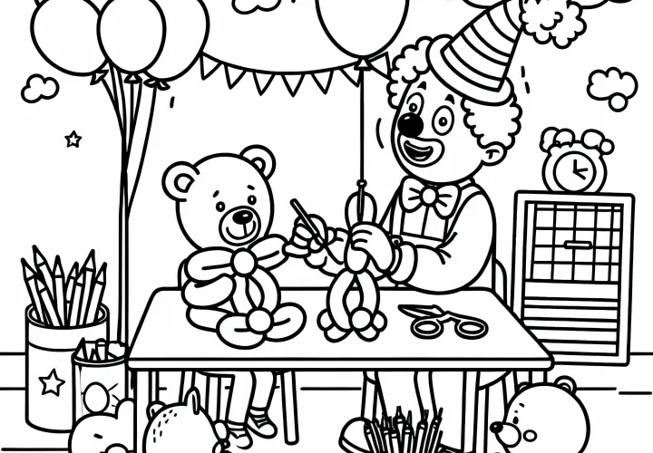 Clown formt Ballontiere – Ausmalbild einfach und gratis