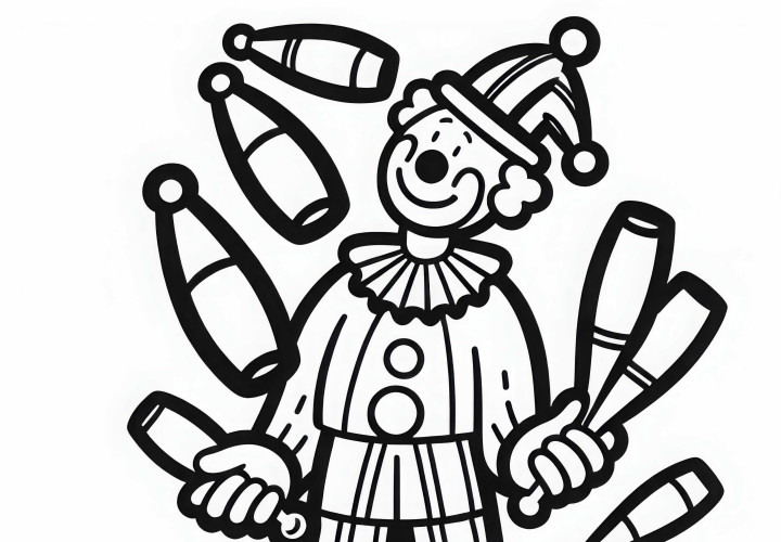 Ein Clown jongliert mit Keulen – Ausmalbild einfach und gratis Ein Clown jongliert mit Keulen – Ausmalbild einfach und gratis