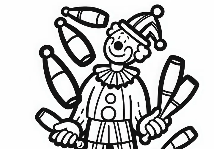 Ein Clown jongliert mit Keulen – Ausmalbild einfach und gratis