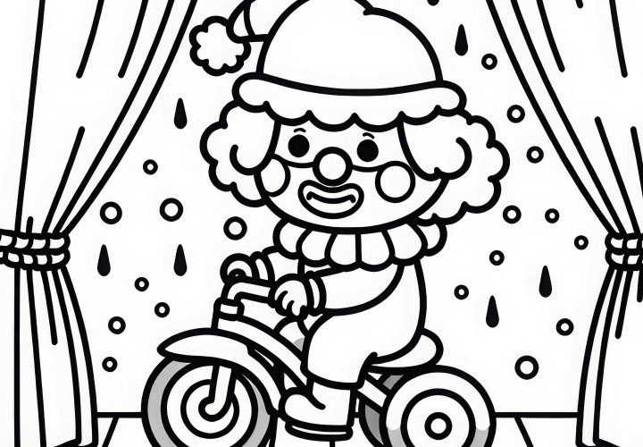 Clown fährt kleines Fahrrad auf Bühne – Malvorlage einfach kostenlos Clown fährt kleines Fahrrad auf Bühne – Malvorlage einfach kostenlos